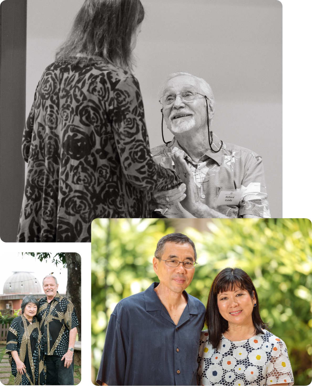 Image collage: A man and woman standing side by side while smiling at the camera; A man wearing a lei standing close to a women while they smile at the camera; Two women wearing leis standing close while smiling at the camera.