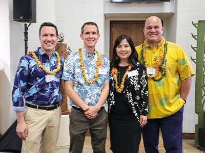 HCF partners and C. Brewer tenants joined the July re-opening and blessing of the C. Brewer and Co. building, from left to right: Joshua Wisch, of Holomua Collective, Nick Redding, of the Hawai‘i Data Collaborative, Lynelle Marble, of the Hawai‘i Executive Collective, and HCF CEO and president Micah A. Kāne. 