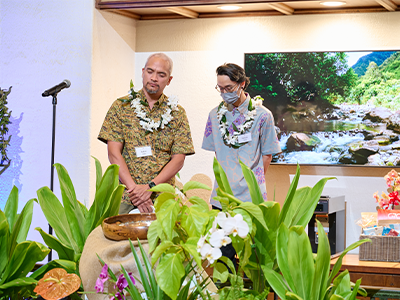Part of the C. Brewer and Co. headquarters renovation was a revamped Welcome Experience, incorporating artwork from Hilo-based design collective Sig Zane Kaiao. Here, Kamalu Fung, at left, and Kuha‘o Zane join in the July re-opening blessing ceremony.