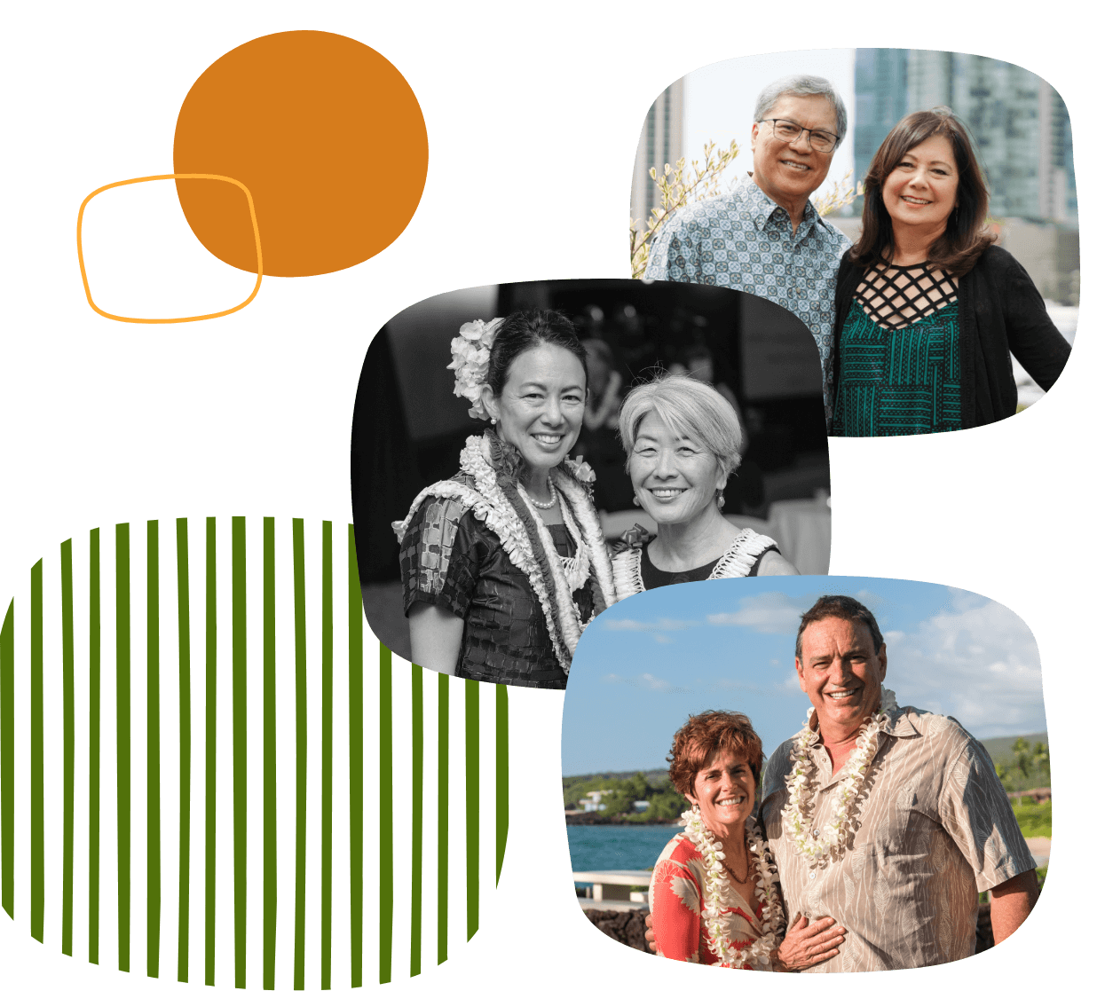 Image collage: A man and woman standing side by side while smiling at the camera; A man wearing a lei standing close to a women while they smile at the camera; Two women wearing leis standing close while smiling at the camera.