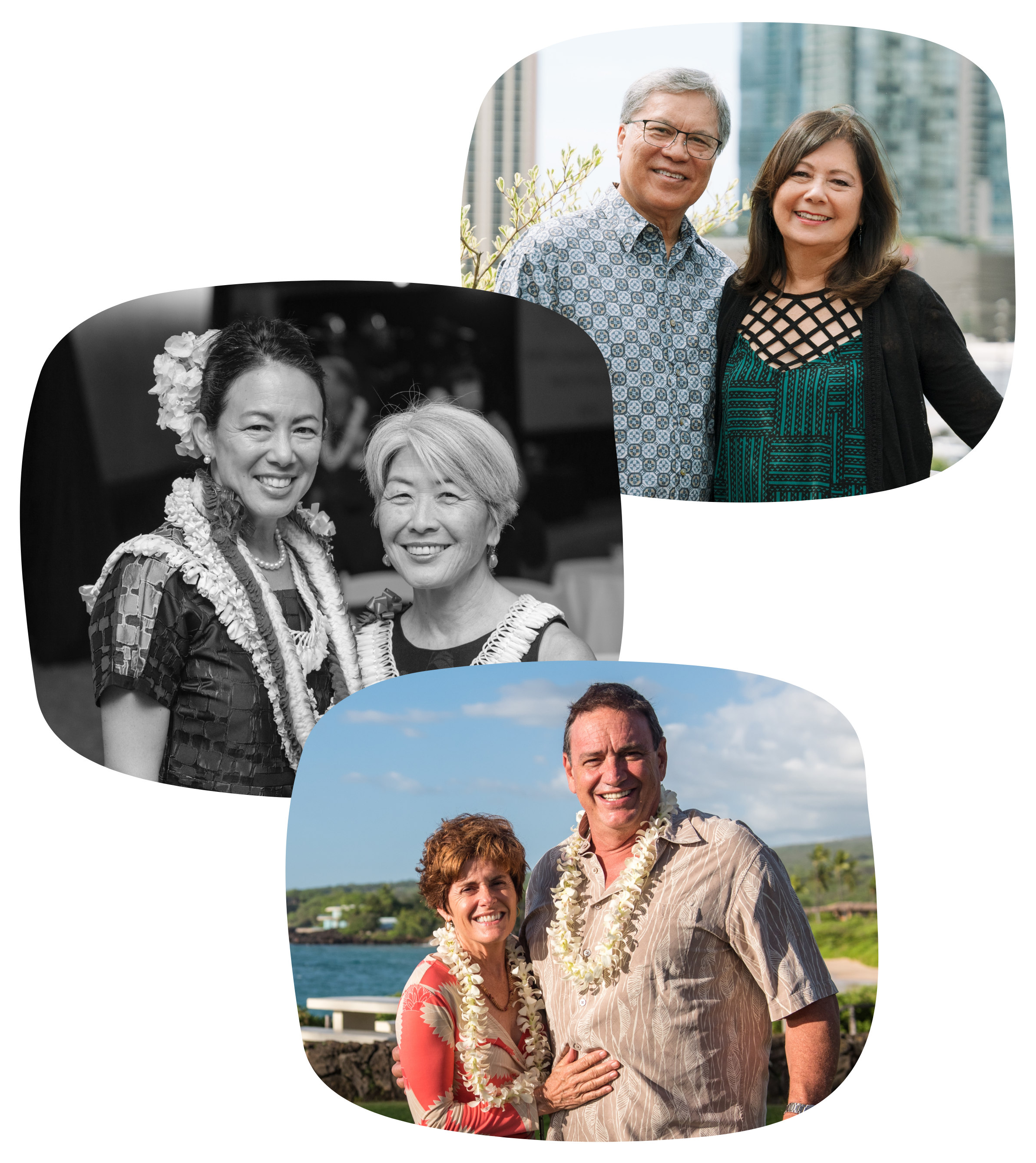 Image collage: A man and woman standing side by side while smiling at the camera; A man wearing a lei standing close to a women while they smile at the camera; Two women wearing leis standing close while smiling at the camera.