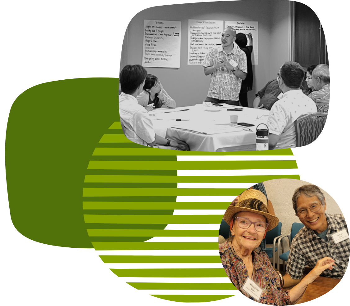 Image collage: A man and woman smiling at the camera; A man presenting to a table of people while another person takes notes on three large posters behind the presenter.