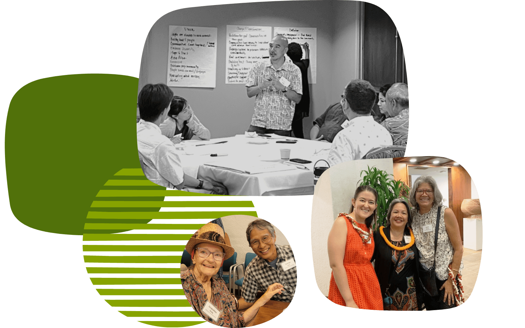 Image collage: A man and woman smiling at the camera; A man presenting to a table of people while another person takes notes on three large posters behind the presenter.