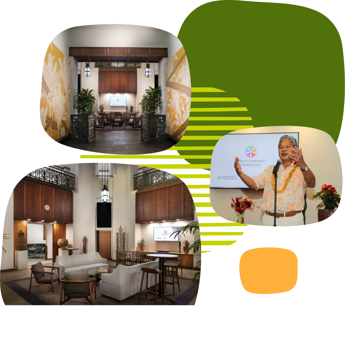 Image collage: A man presenting in front of a powerpoint and using a stand up mic; The interior of the renovated C. Brewer and Co. building, featuring dark wood grains, light cream colored walls, and white couches next to earth toned padded chairs.