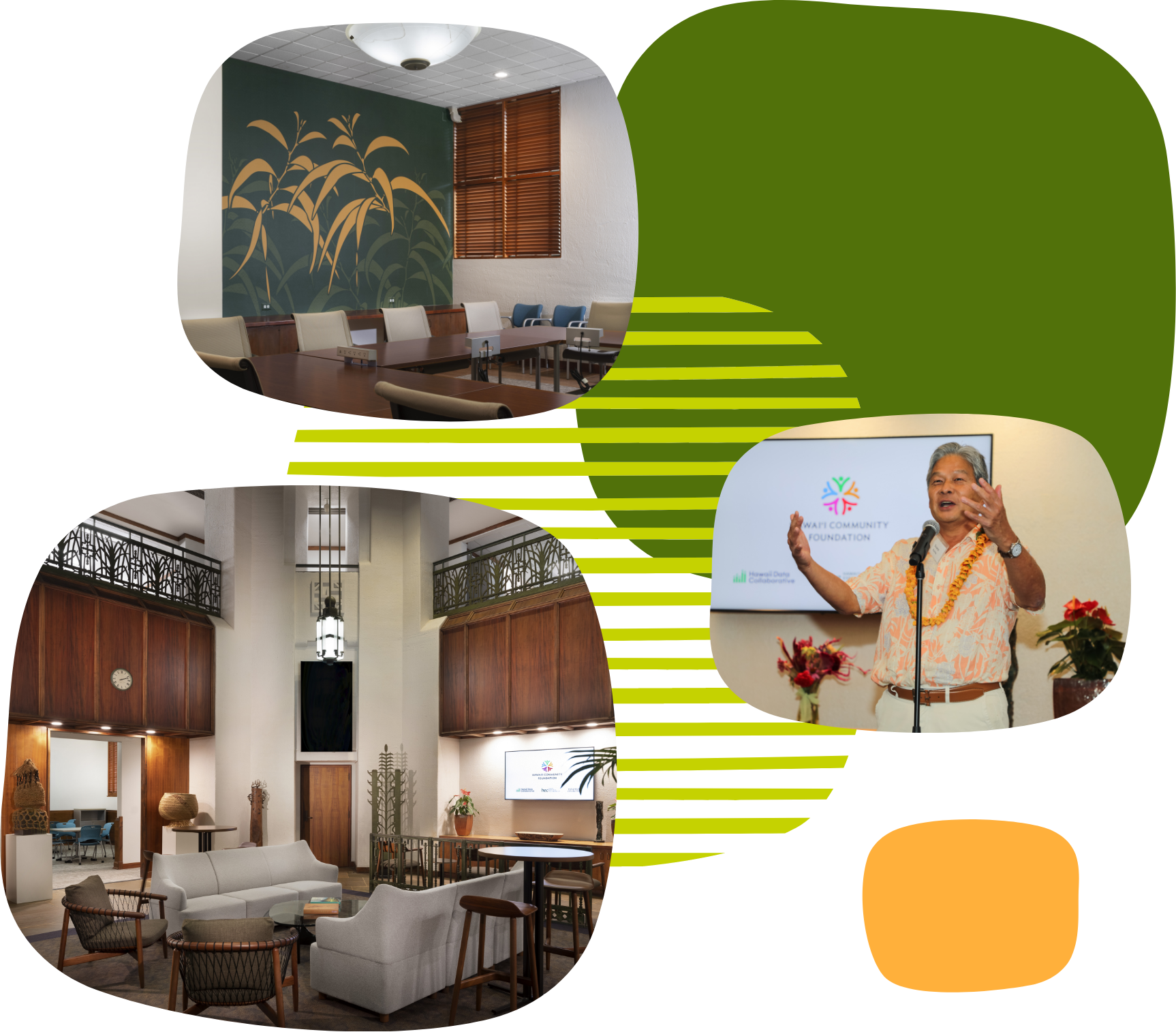 Image collage: A man presenting in front of a powerpoint and using a stand up mic; The interior of the renovated C. Brewer and Co. building, featuring dark wood grains, light cream colored walls, and white couches next to earth toned padded chairs.