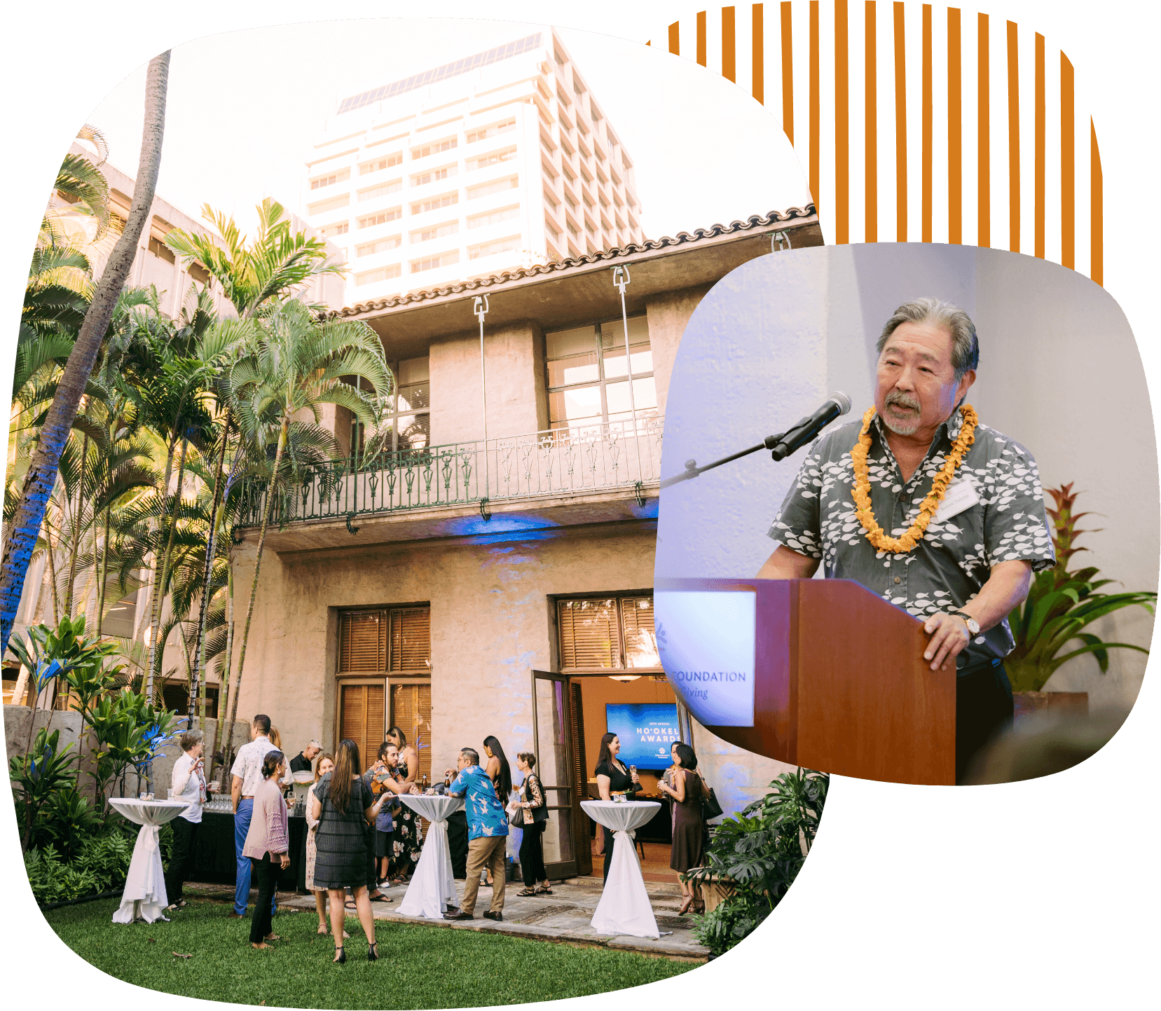 Image collage: A man giving a speech in front of a podium; Multiple people gathered in a grassy formal courtyard with tables featuring drinks while smiling and talking amongst themselves.