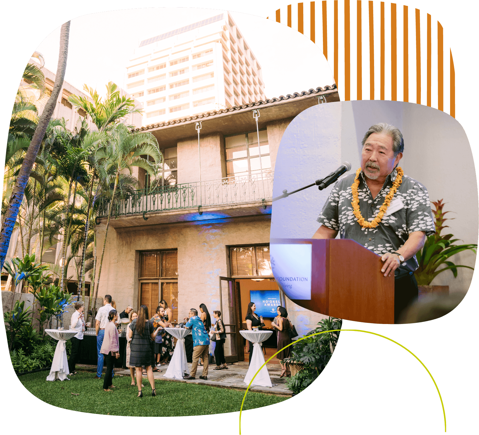 Image collage: A man giving a speech in front of a podium; Multiple people gathered in a grassy formal courtyard with tables featuring drinks while smiling and talking amongst themselves.
