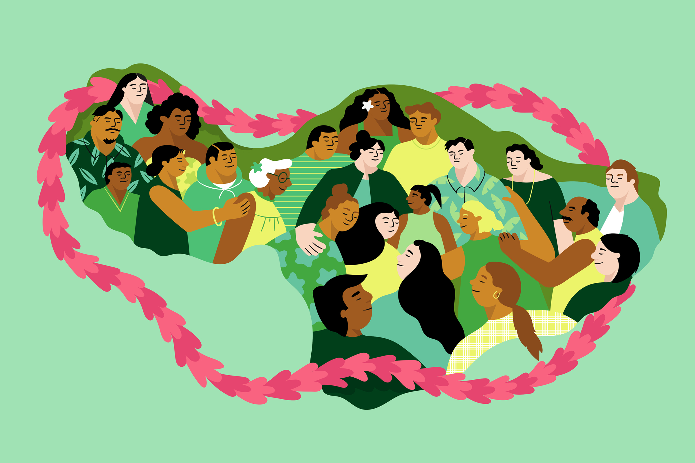 Illustration showing people of all colors hugging each other surrounded by a pink lei